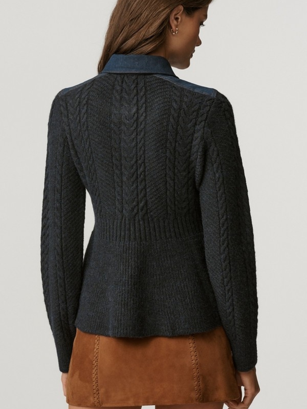 Pilcro Navy Cable-Knit Button Cardigan with Contrast Collar - Picture 2 of 3